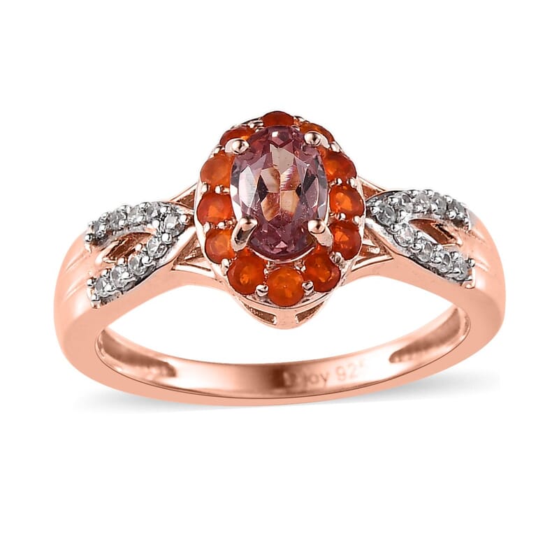 Blush Apatite and Multi Gemstone Halo Ring in Vermeil Rose Gold Over Sterling Silver (Size 10.0) 0.80 ctw
