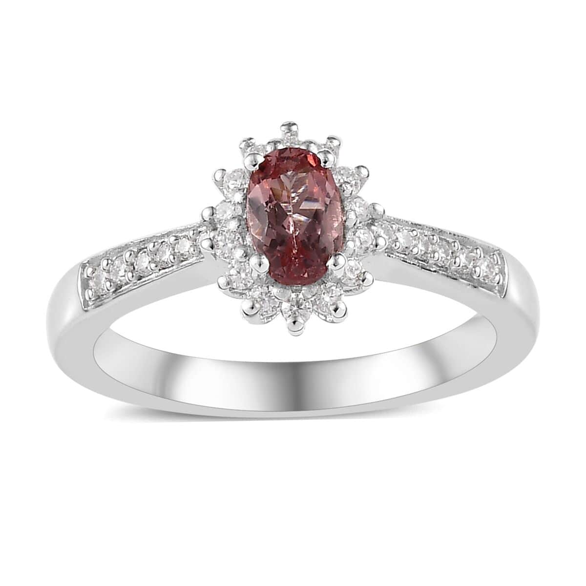 Blush Apatite and Moissanite Sunburst Ring in Platinum Over Sterling Silver 0.75 ctw image number 0