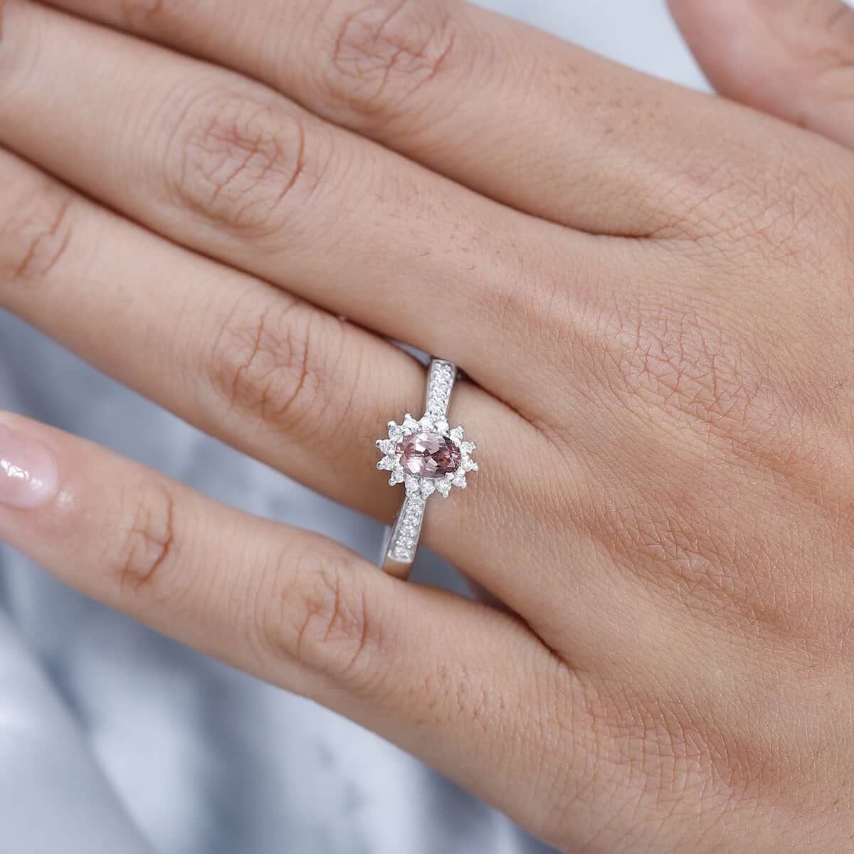 Blush Apatite and Moissanite Sunburst Ring in Platinum Over Sterling Silver 0.75 ctw image number 2