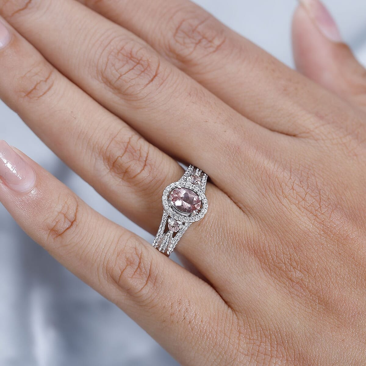 Blush Apatite, Champagne and White Zircon Ring in Platinum Over Sterling Silver (Size 10.0) 1.40 ctw image number 2