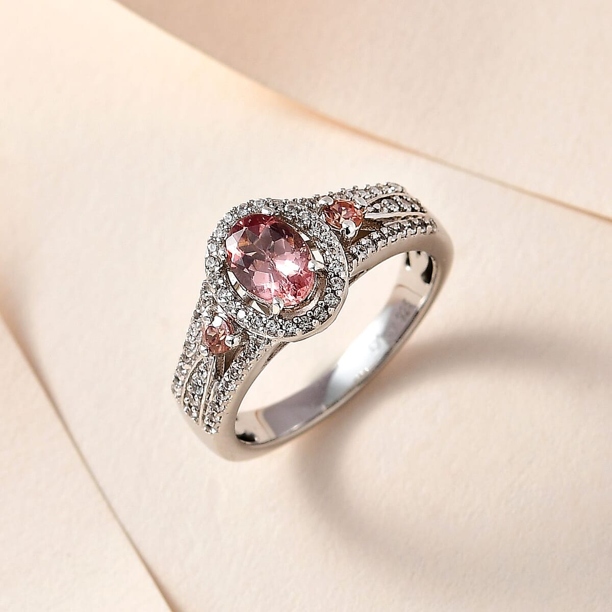 Blush Apatite, Champagne and White Zircon Ring in Platinum Over Sterling Silver (Size 6.0) 1.40 ctw image number 1