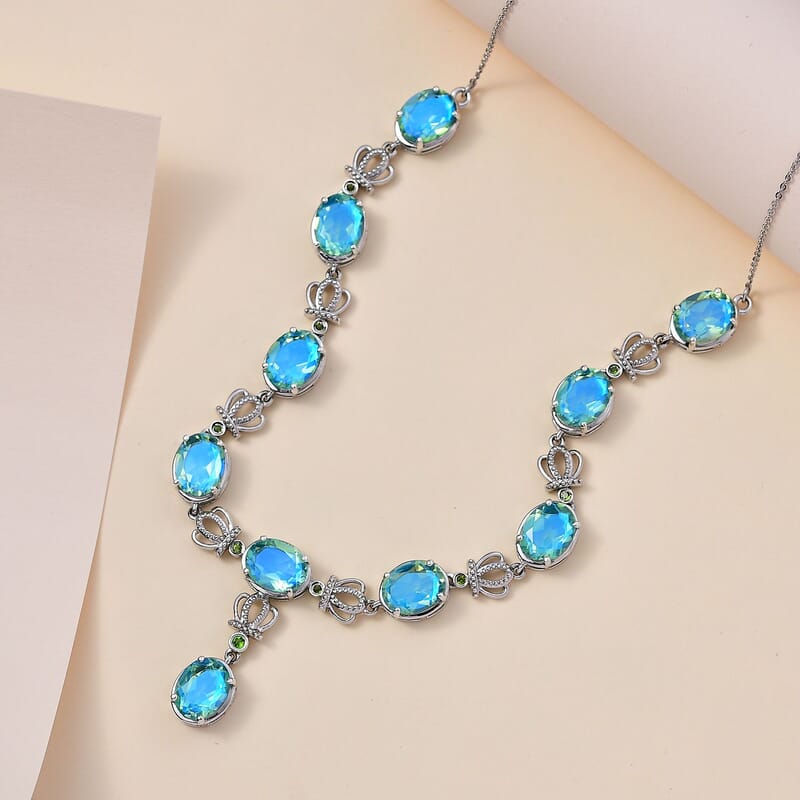 Peacock Quartz (Triplet) and Chrome Diopside Necklace 18 Inches in Platinum Over Sterling Silver 21.15 ctw