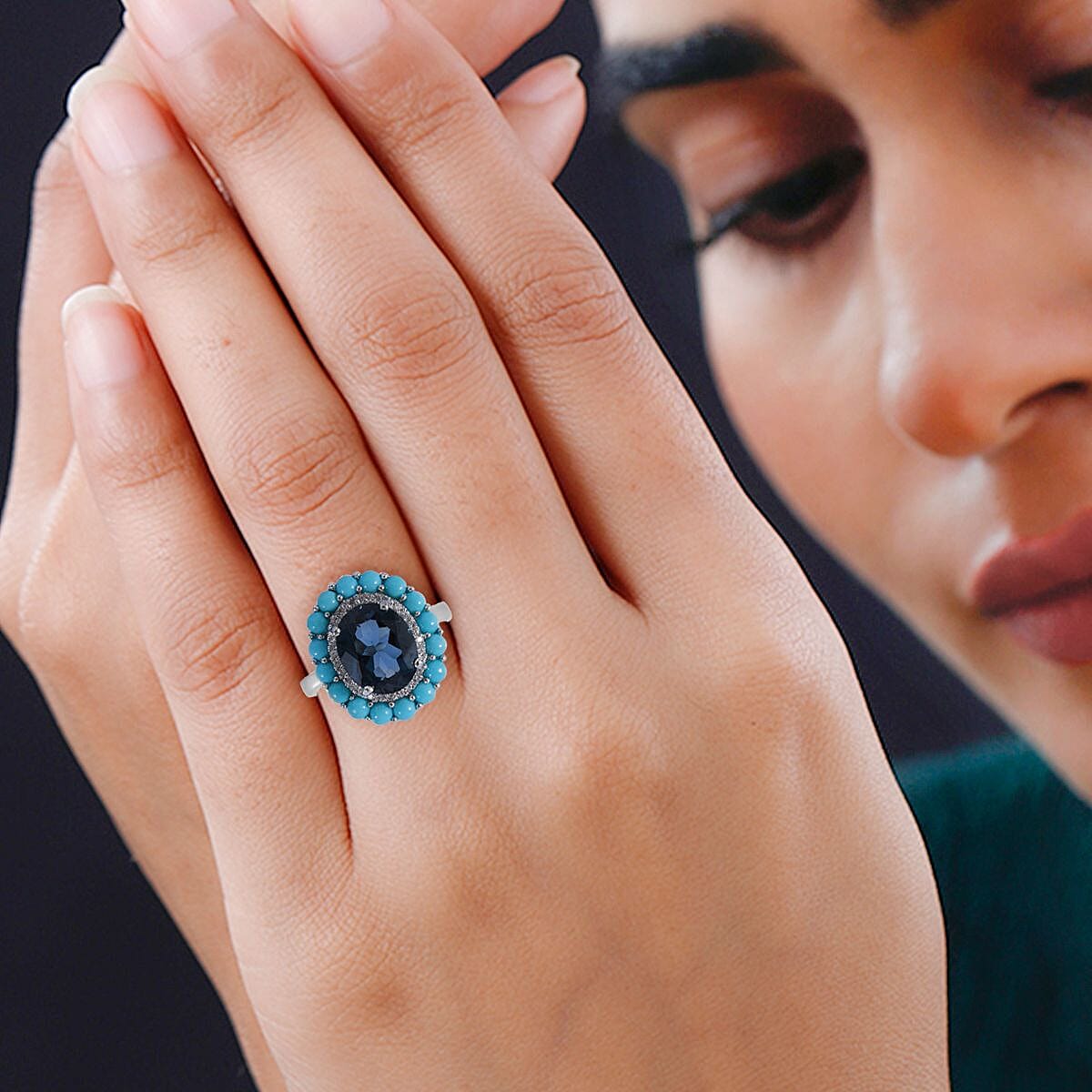 London Blue Topaz and Multi Gemstone Double Halo Ring in Platinum Over Sterling Silver (Size 10.0) 6.15 ctw image number 1