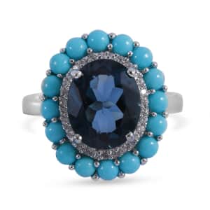 London Blue Topaz and Multi Gemstone Double Halo Ring in Platinum Over Sterling Silver (Size 6.0) 6.15 ctw