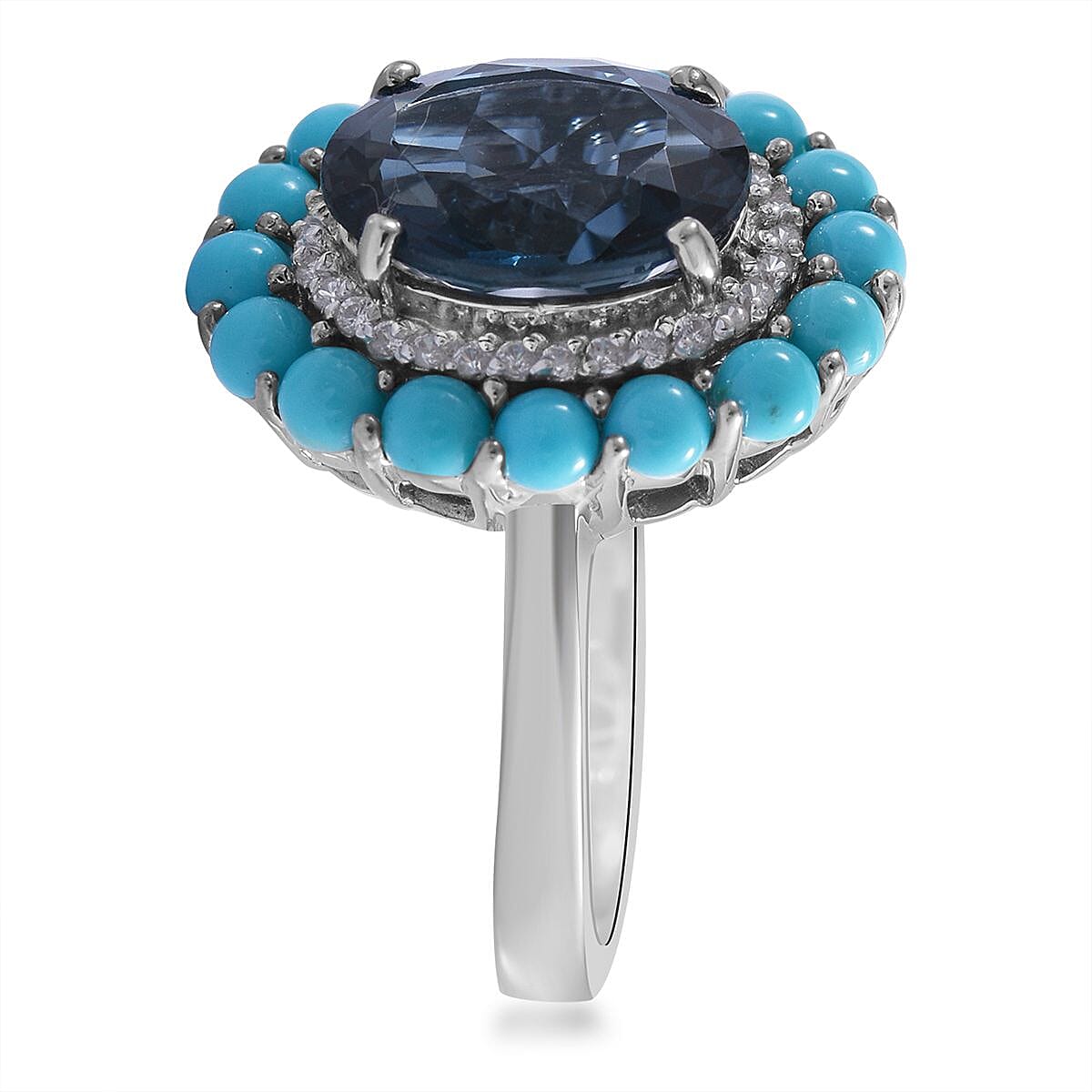 London Blue Topaz and Multi Gemstone Double Halo Ring in Platinum Over Sterling Silver (Size 8.0) 6.15 ctw image number 2