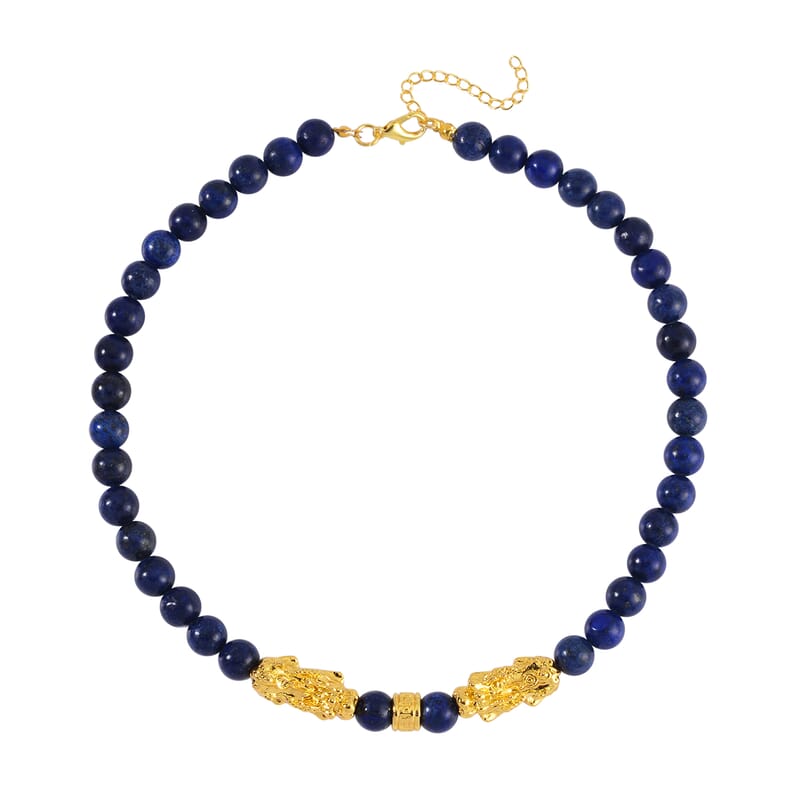 Lapis Lazuli Pixiu and Beaded Necklace 18-20 Inches in Goldtone 325.00 ctw