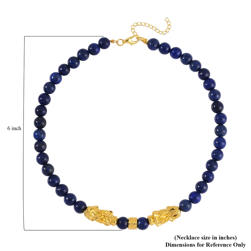 Lapis Lazuli Pixiu and Beaded Necklace 18-20 Inches in Goldtone 325.00 ctw