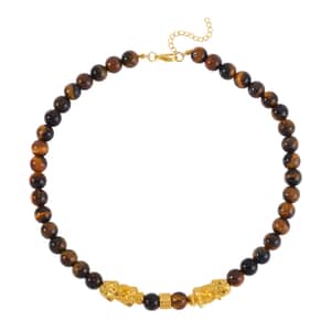 Yellow Tiger's Eye Pixiu and Beaded Necklace 18-20 Inches in Goldtone 325.00 ctw