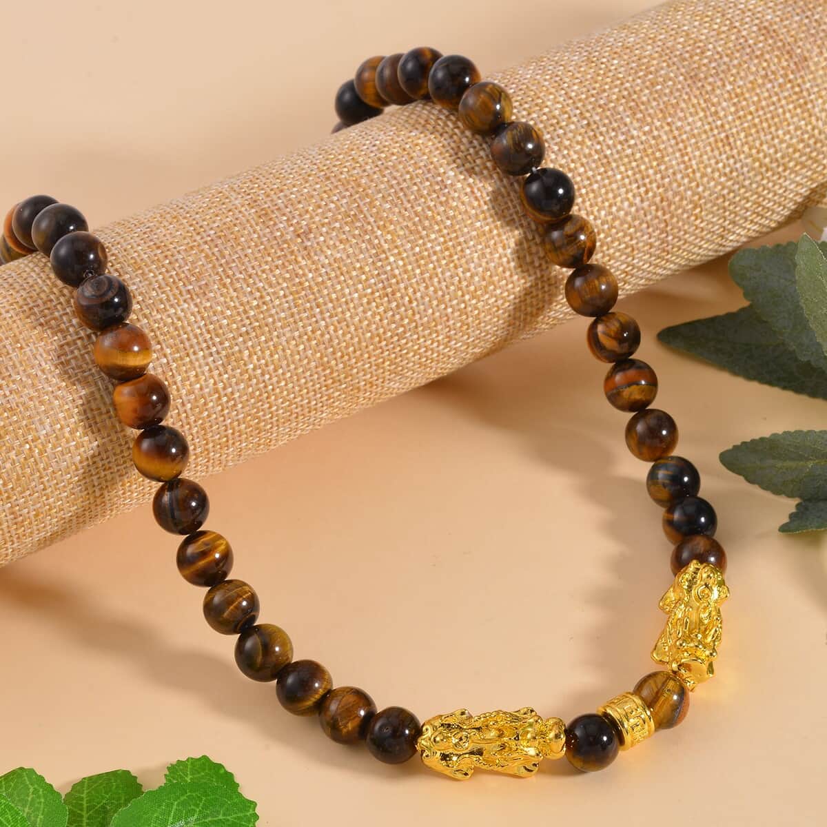 Yellow Tiger's Eye Pixiu and Beaded Necklace 18-20 Inches in Goldtone 325.00 ctw image number 1