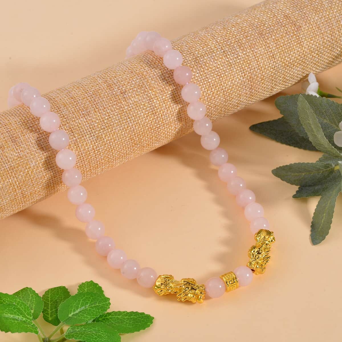 Galilea Rose Quartz Pixiu and Beaded Necklace 18-20 Inches in Goldtone 325.00 ctw image number 1