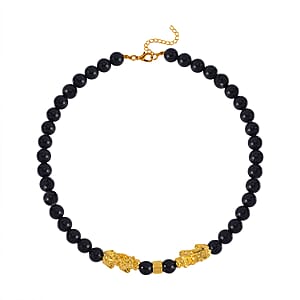 Black Obsidian Pixiu and Beaded Necklace 18-20 Inches in Goldtone 325.00 ctw