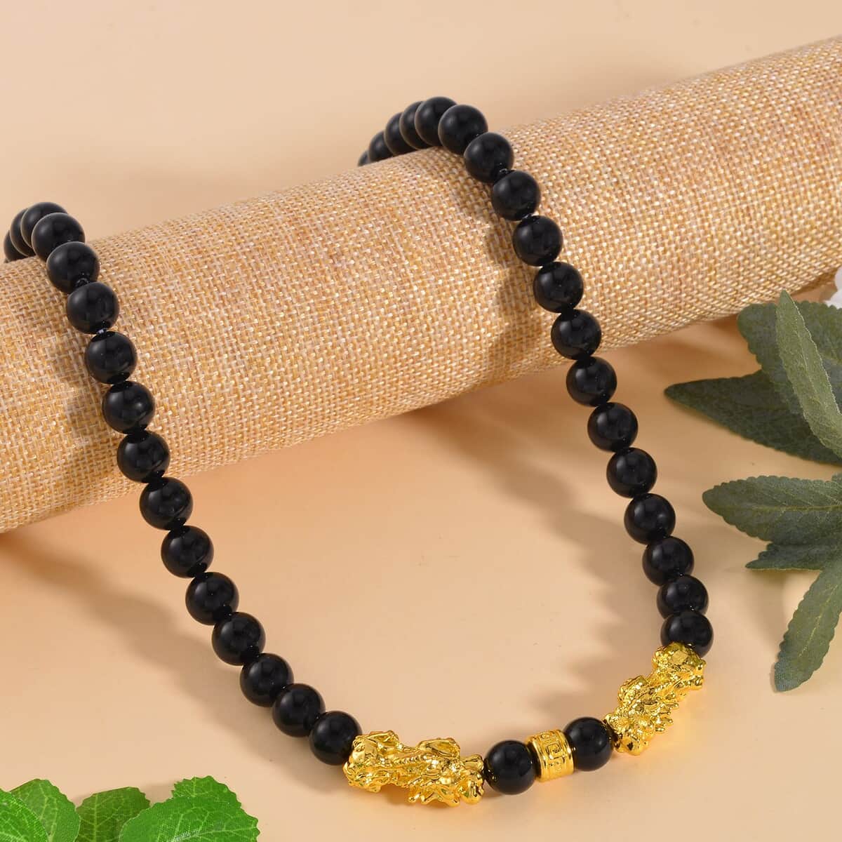 Black Obsidian Pixiu and Beaded Necklace 18-20 Inches in Goldtone 325.00 ctw image number 1