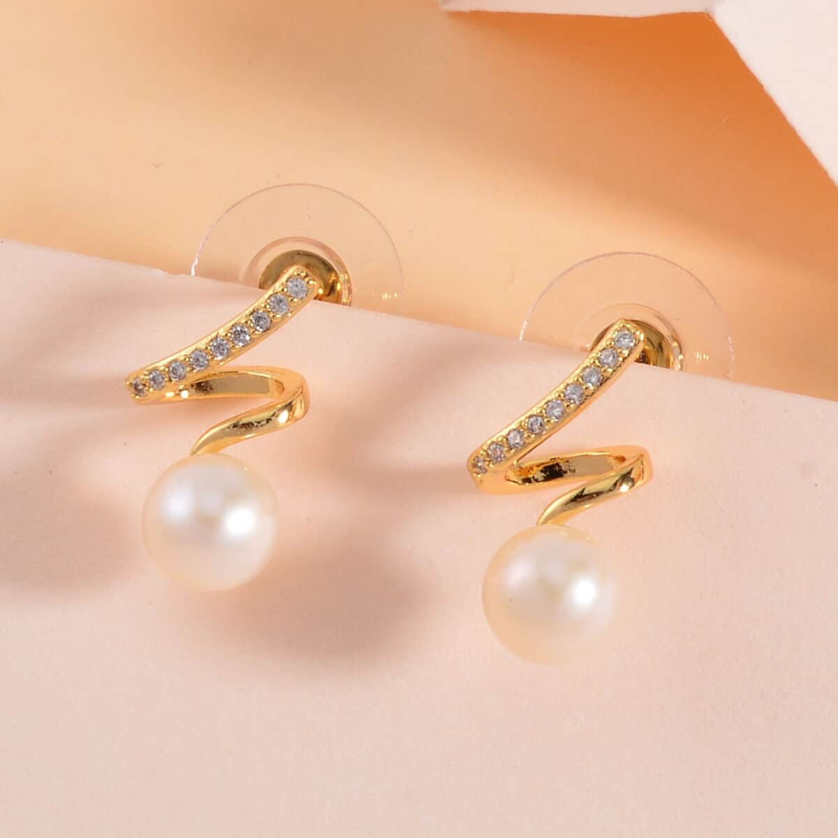 Freshwater Pearl and Simulated Diamond Earrings in Goldtone image number 1