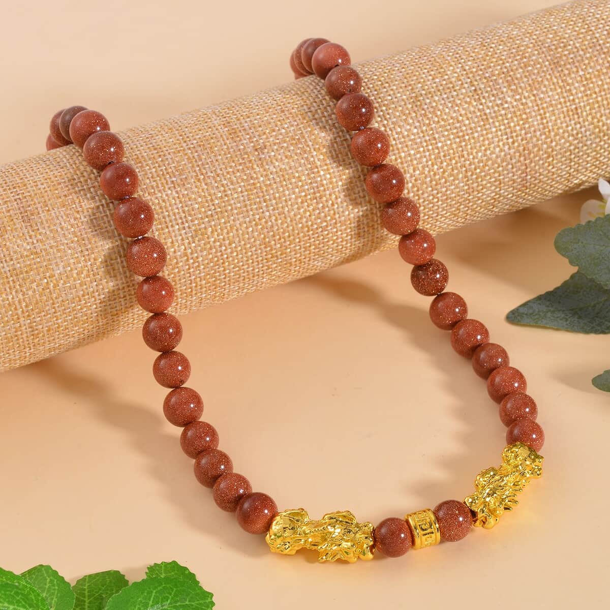 Gold Sandstone Pixiu and Beaded Necklace 18-20 Inches in Goldtone 325.00 ctw image number 1
