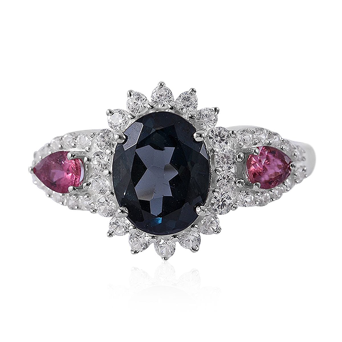 London Blue Topaz and Multi Gemstone Sunburst Ring in Platinum Over Sterling Silver (Size 10.0) 3.25 ctw