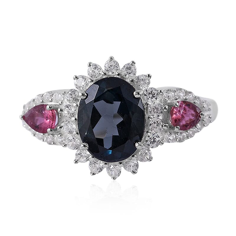 London Blue Topaz and Multi Gemstone Sunburst Ring in Platinum Over Sterling Silver (Size 10.0) 3.25 ctw