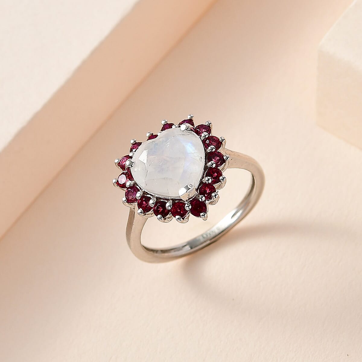Premium Rainbow Moonstone and Signity Blazing Red Topaz Heart Ring in Platinum Over Sterling Silver (Size 10.0) 3.10 ctw image number 1