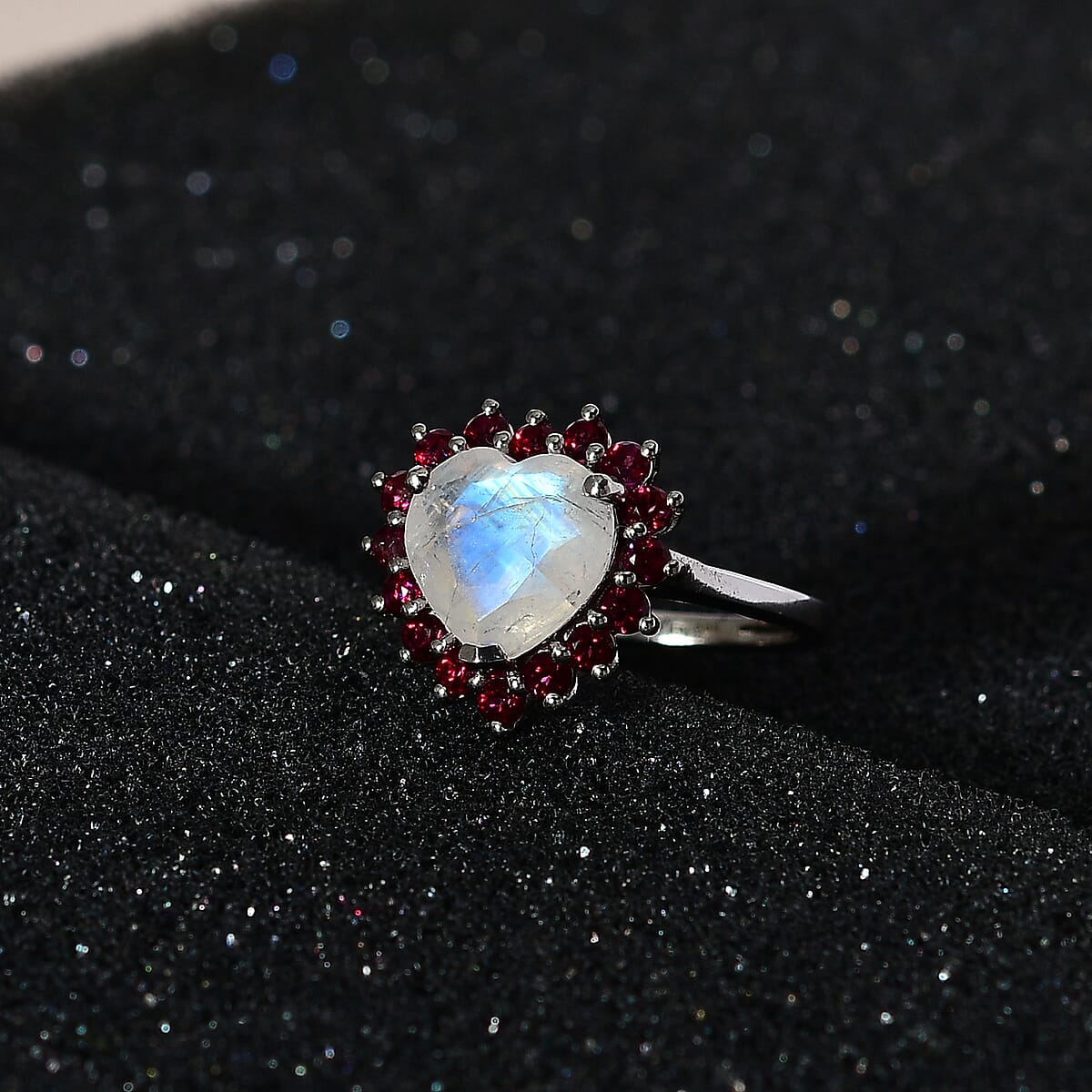 Premium Rainbow Moonstone and Signity Blazing Red Topaz Heart Ring in Platinum Over Sterling Silver (Size 10.0) 3.10 ctw image number 2