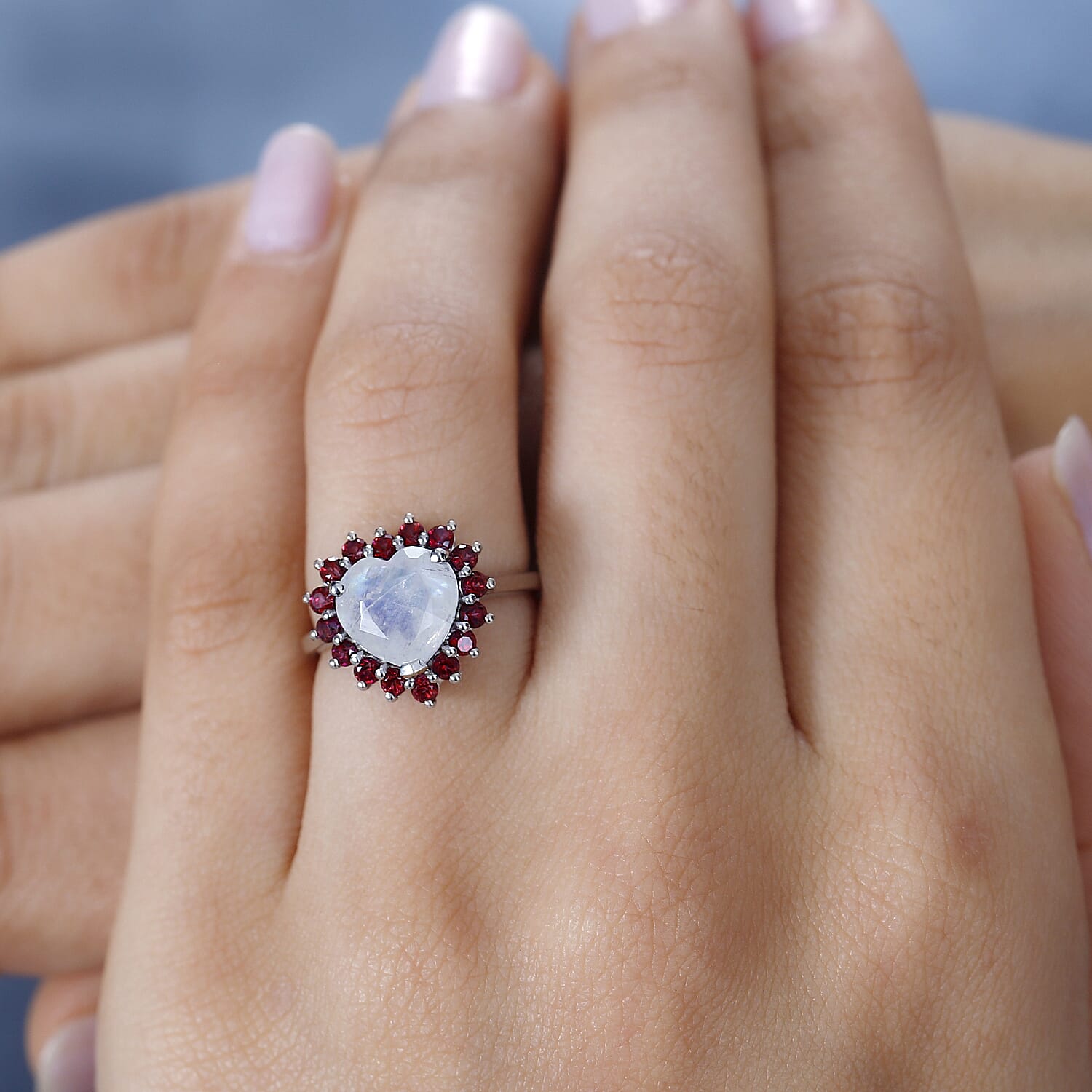 Premium Rainbow Moonstone and Signity Blazing Red Topaz Heart Ring in Platinum Over Sterling Silver (Size 5.0) 3.10 ctw