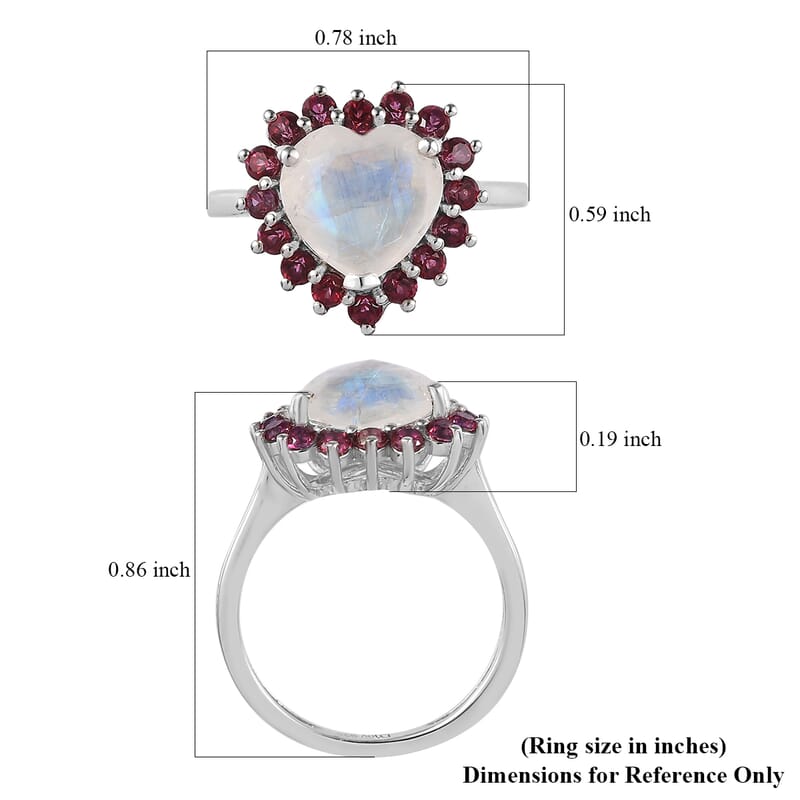 Premium Rainbow Moonstone and Signity Blazing Red Topaz Heart Ring in Platinum Over Sterling Silver (Size 5.0) 3.10 ctw