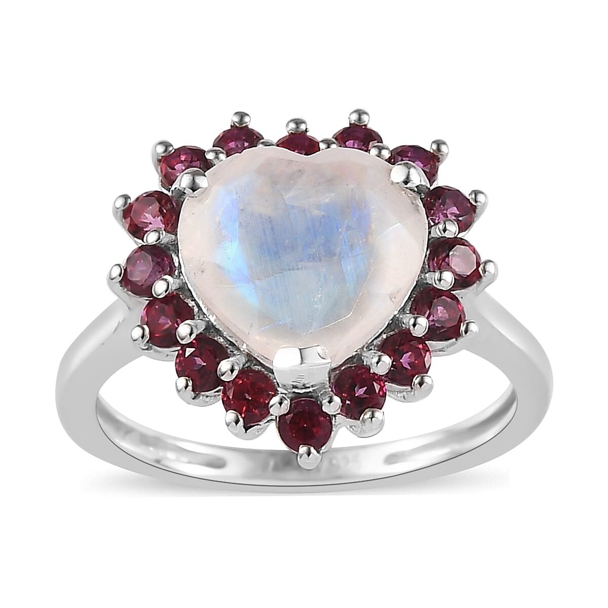 Premium Rainbow Moonstone and Signity Blazing Red Topaz Heart Ring in Platinum Over Sterling Silver (Size 6.0) 3.10 ctw image number 0