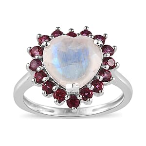Premium Rainbow Moonstone and Signity Blazing Red Topaz Heart Ring in Platinum Over Sterling Silver (Size 6.0) 3.10 ctw