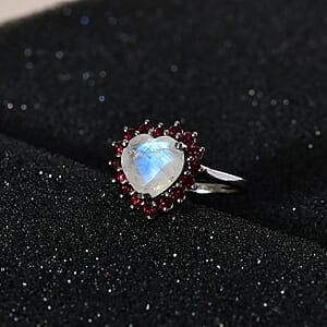Premium Rainbow Moonstone and Signity Blazing Red Topaz Heart Ring in Platinum Over Sterling Silver (Size 8.0) 3.10 ctw