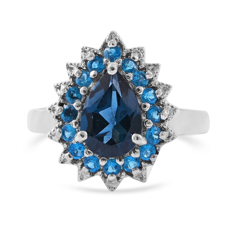 London Blue Topaz and Malgache Neon Apatite Halo Ring in Platinum Over Sterling Silver (Size 10.0) 2.85 ctw