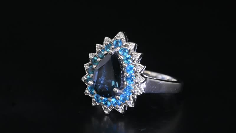 London Blue Topaz and Malgache Neon Apatite Halo Ring in Platinum Over Sterling Silver (Size 10.0) 2.85 ctw