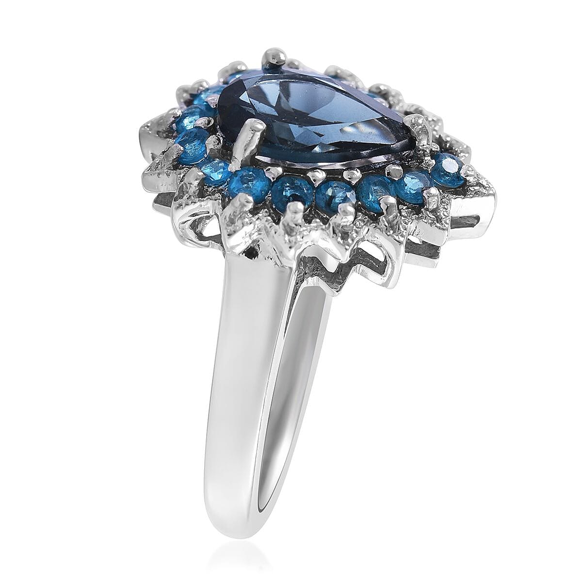 London Blue Topaz and Malgache Neon Apatite Halo Ring in Platinum Over Sterling Silver (Size 10.0) 2.85 ctw image number 2