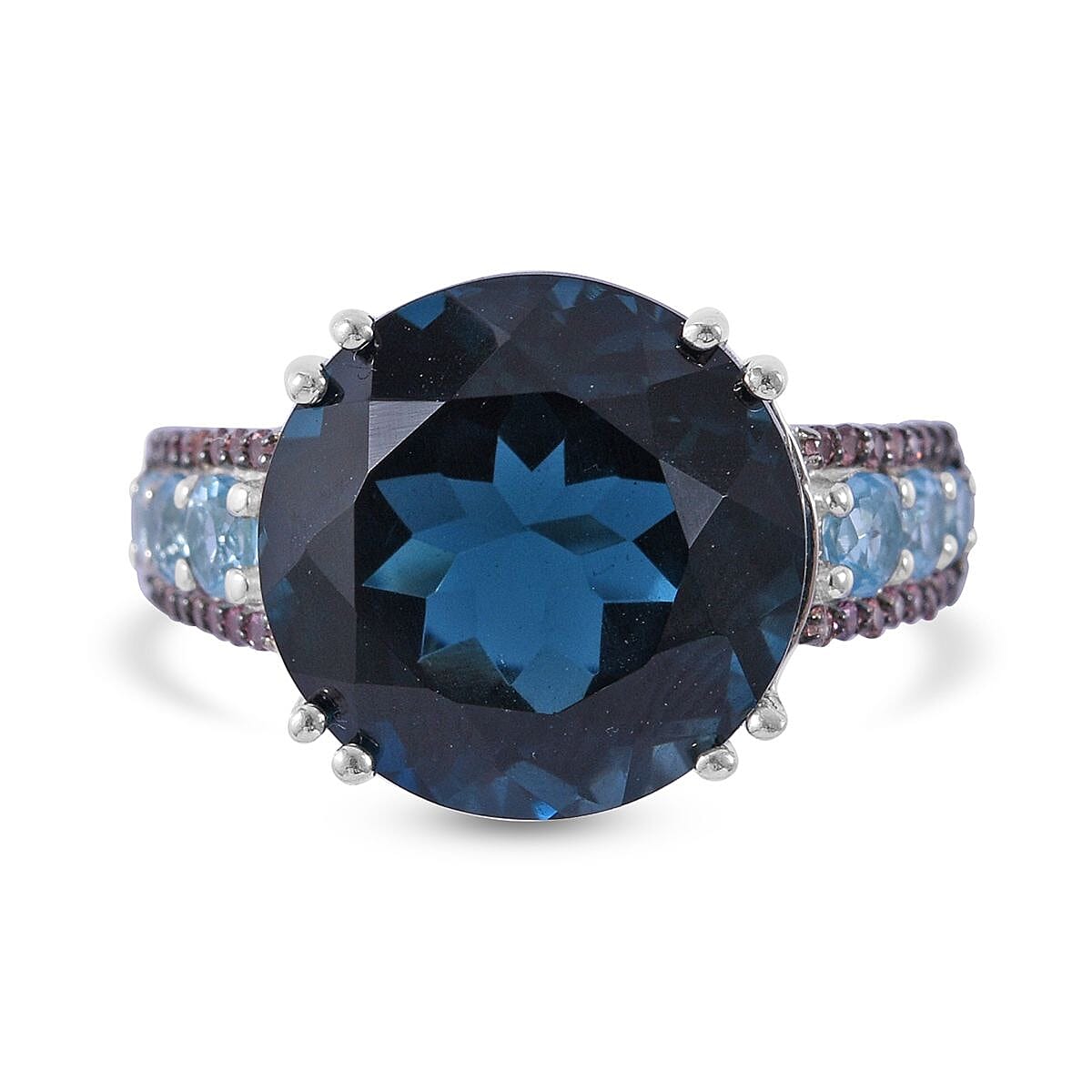 London Blue Topaz and Multi Gemstone Ring in Platinum Over Sterling Silver (Size 6.0) 11.15 ctw
