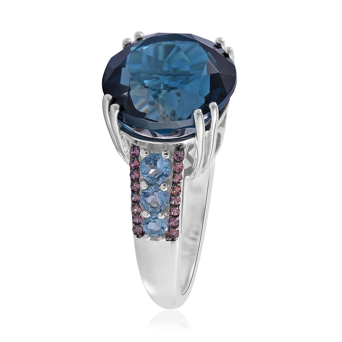 London Blue Topaz and Multi Gemstone Ring in Platinum Over Sterling Silver (Size 6.0) 11.15 ctw