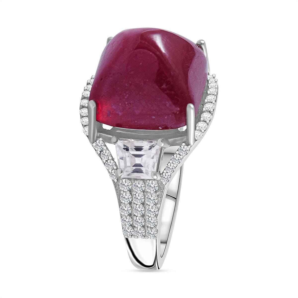 Premium African Ruby (FF) and White Zircon Ring in Platinum Over Sterling Silver (Size 9.0) 16.00 ctw image number 2