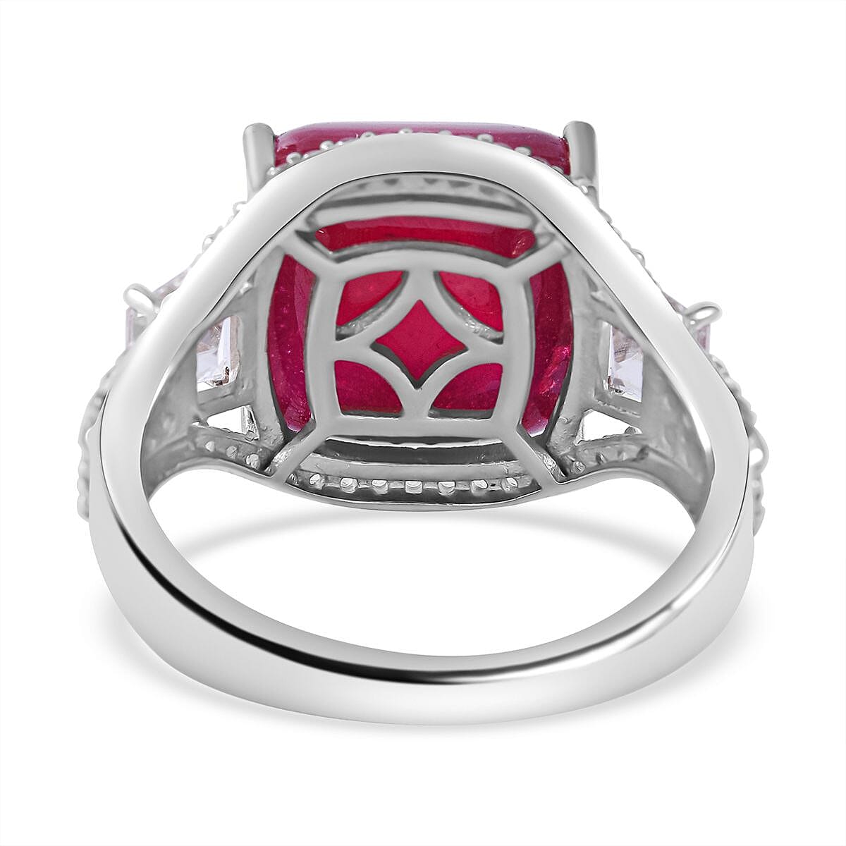 Premium African Ruby (FF) and White Zircon Ring in Platinum Over Sterling Silver (Size 9.0) 16.00 ctw image number 3