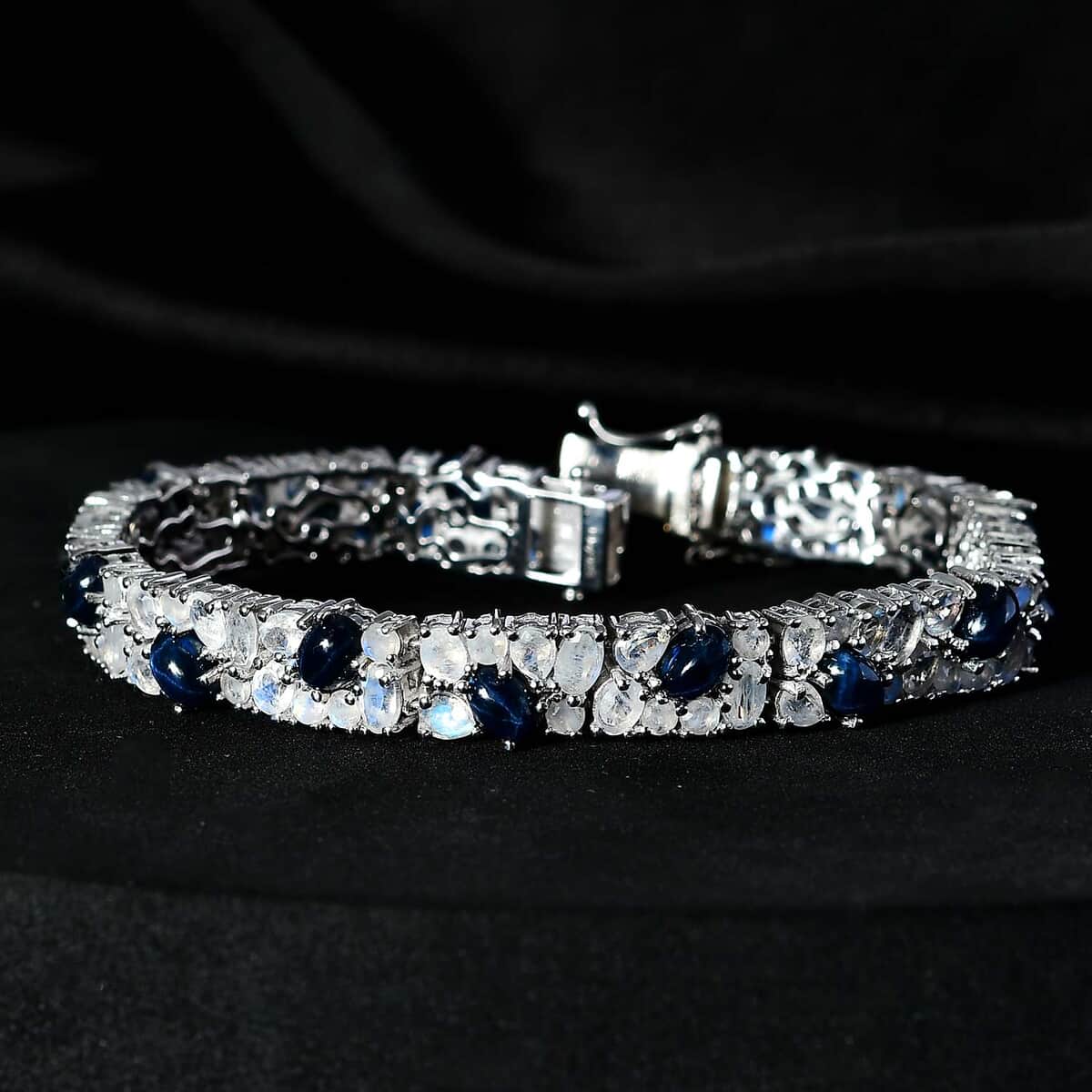 Blue Star Sapphire (DF) and Rainbow Moonstone Bracelet in Platinum Over Sterling Silver (7.25 In) 22.25 ctw image number 2