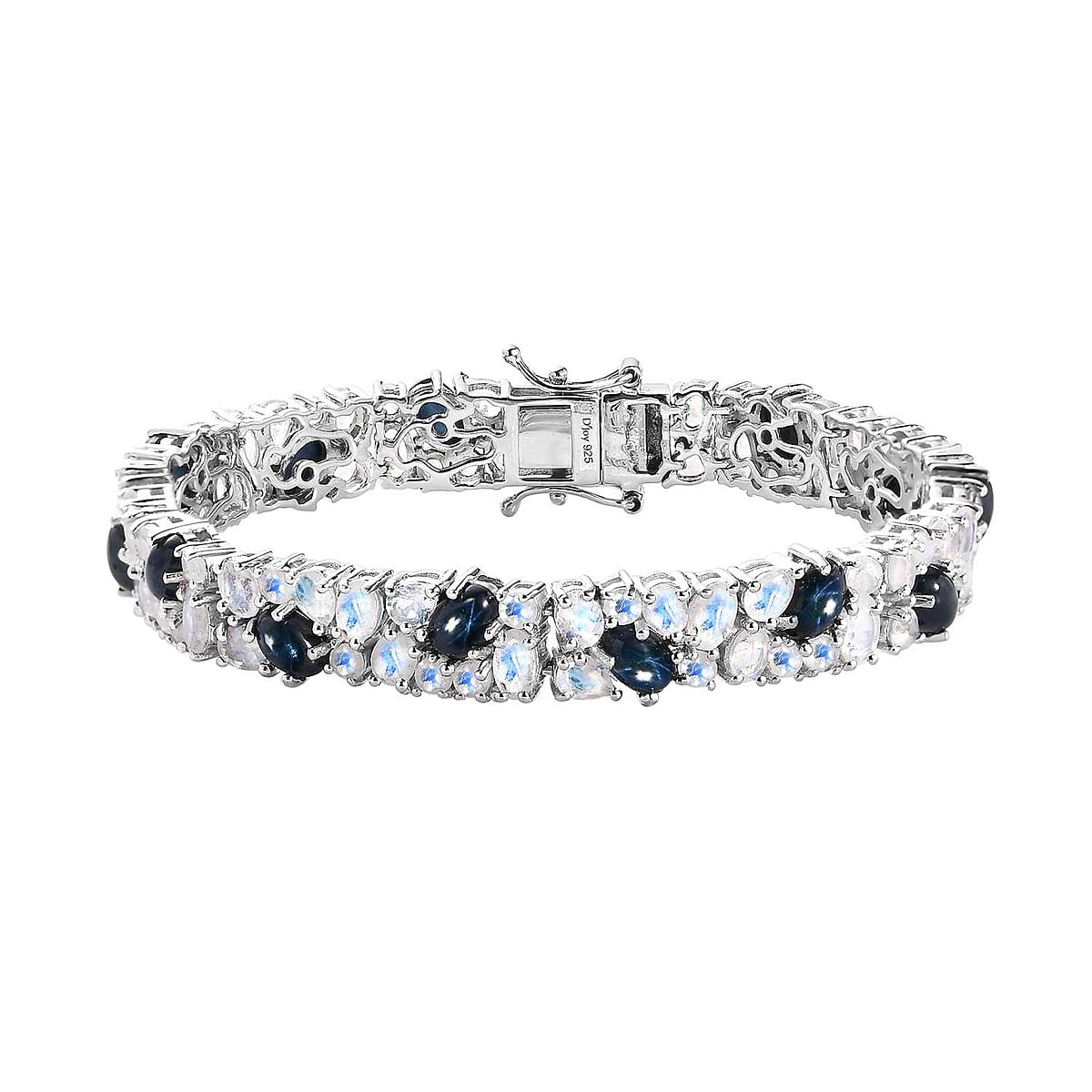 Blue Star Sapphire (DF) and Rainbow Moonstone 19.50 ctw Celestial Bracelet in Platinum Over Sterling Silv (6.50 In)  image number 0
