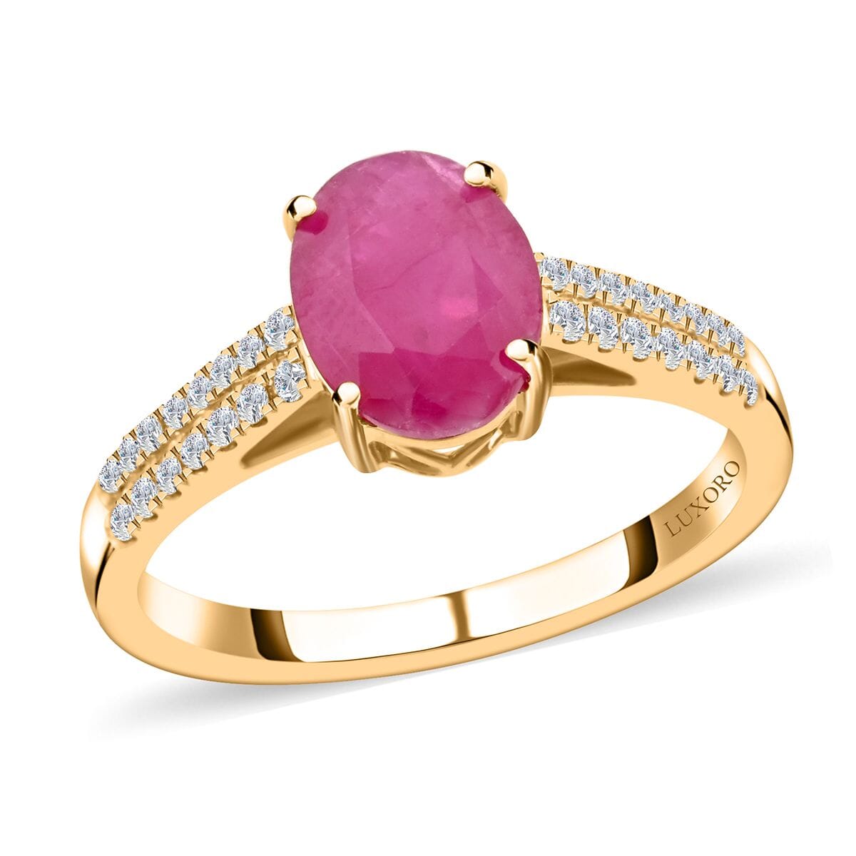 Certified & Appraised Luxoro AAA Montepuez Ruby and I2 Diamond 2.35 ctw Ring in 14K Yellow Gold (Size 6.0) image number 0