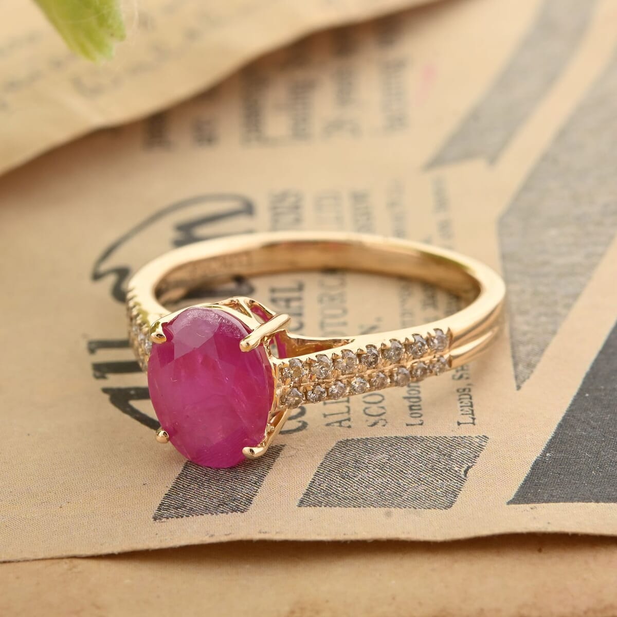 Certified & Appraised Luxoro AAA Montepuez Ruby and I2 Diamond 2.35 ctw Ring in 14K Yellow Gold (Size 6.0) image number 1