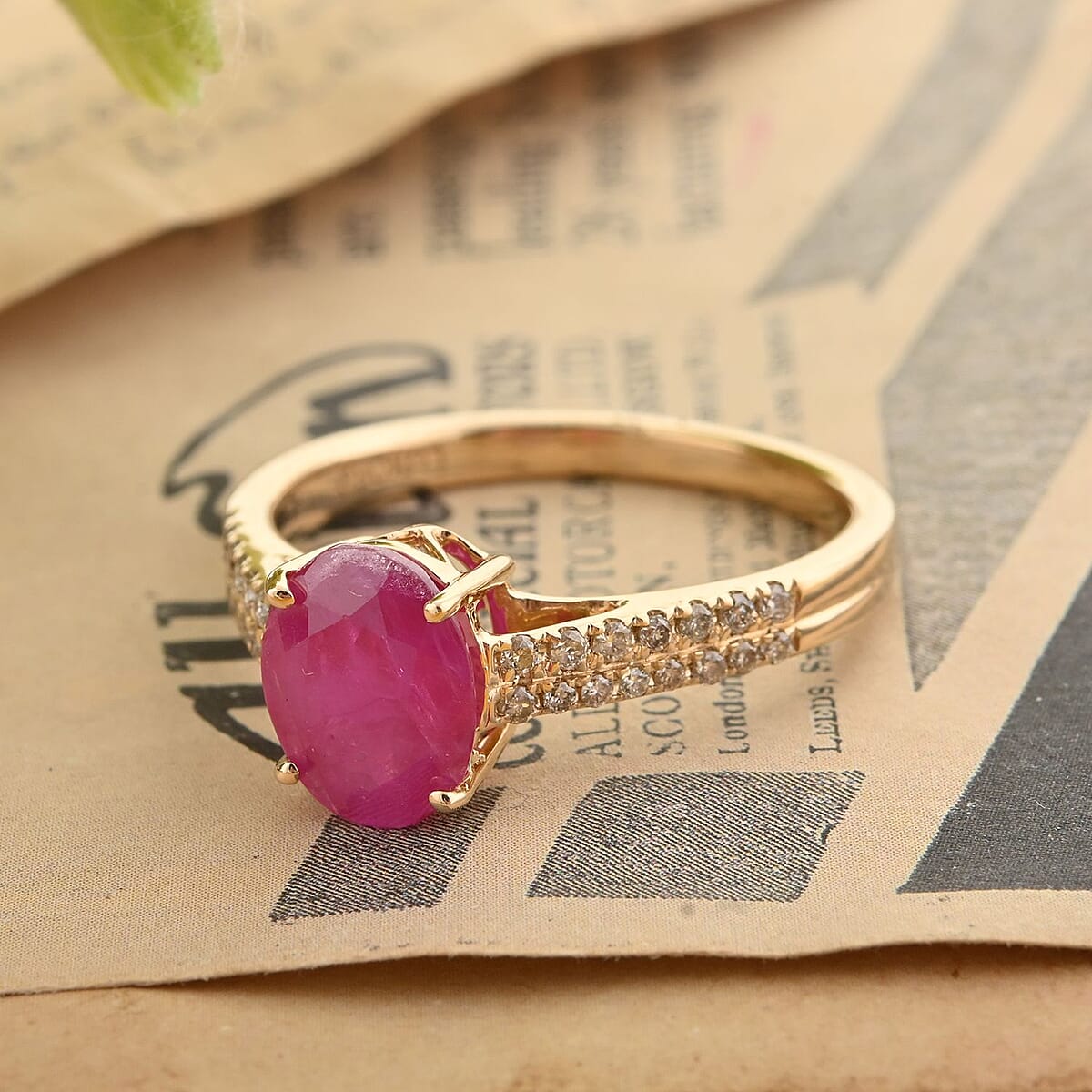 Certified & Appraised Luxoro AAA Montepuez Ruby and I2 Diamond 2.35 ctw Ring in 14K Yellow Gold (Size 8.5) image number 1