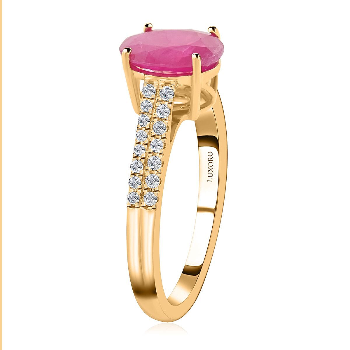 Certified & Appraised Luxoro AAA Montepuez Ruby and I2 Diamond 2.35 ctw Ring in 14K Yellow Gold (Size 9.0) image number 3