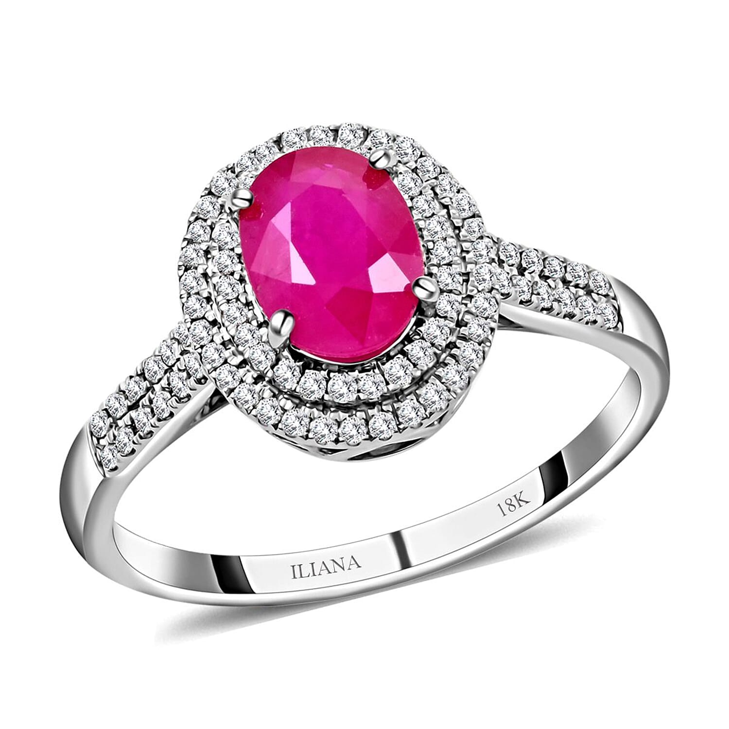 Certified & Appraised Iliana AAA Montepuez Ruby and G-H SI Diamond 1.85 ctw Double Halo Ring in 18K White Gold (Size 7.5) 4.52 G