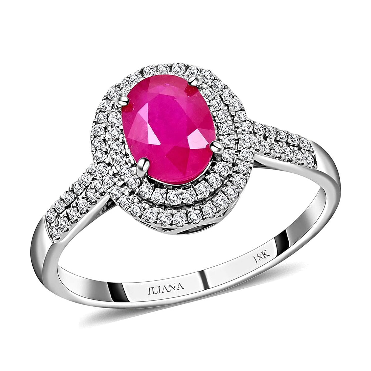 Certified & Appraised Iliana AAA Montepuez Ruby and G-H SI Diamond 1.85 ctw Double Halo Ring in 18K White Gold (Size 9.0) 4.52 G