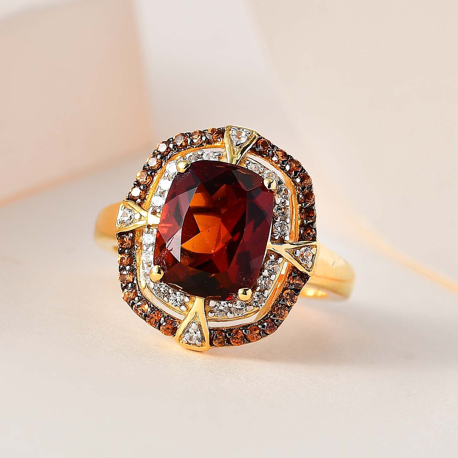 AAA Santa Ana Madeira Citrine, White and Coffee Zircon Double Halo Ring in Vermeil Yellow Gold Over Sterling Silver (Size 10.0) 3.75 ctw