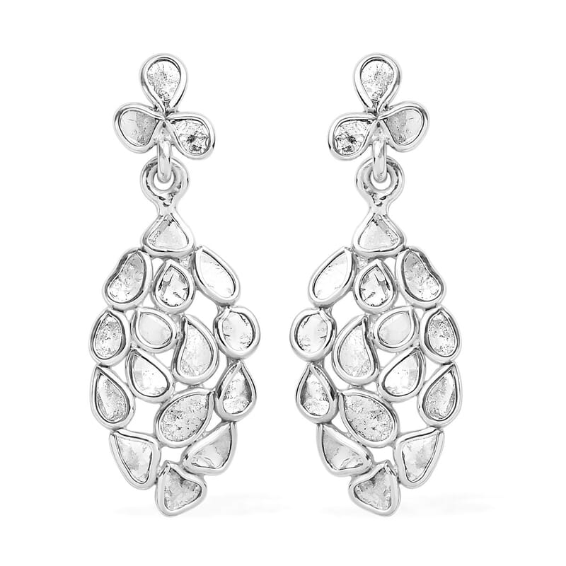 Polki Diamond Dangling Earrings in Platinum Over Sterling Silver 2.00 ctw