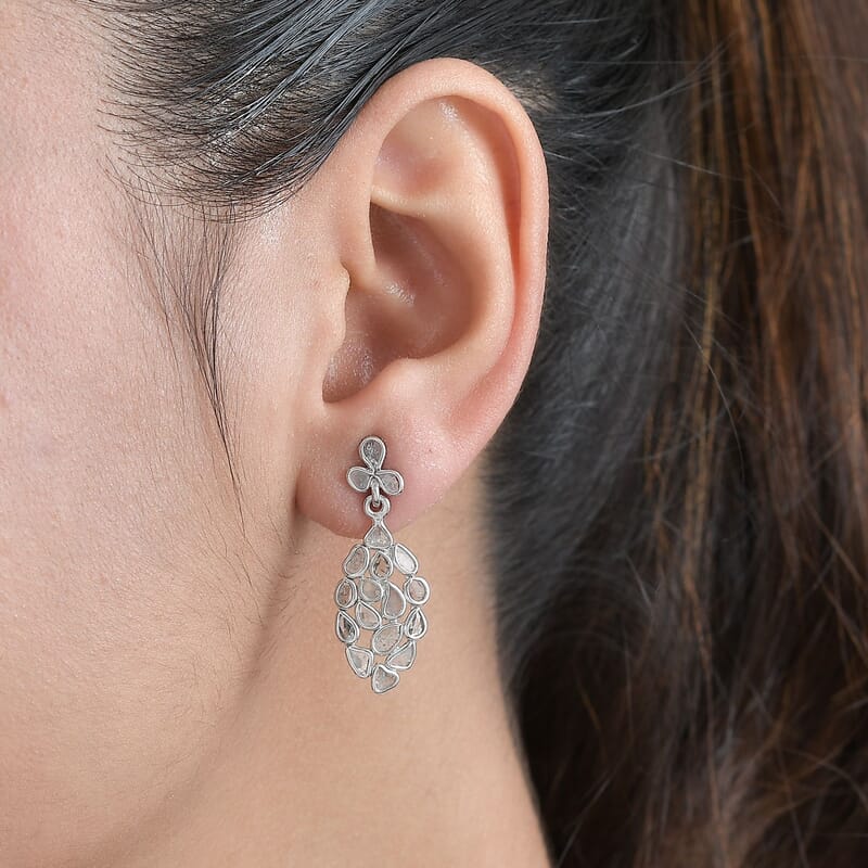 Polki Diamond Dangling Earrings in Platinum Over Sterling Silver 2.00 ctw