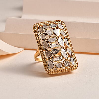 Polki Diamond Cushion Shape Ring in Vermeil Yellow Gold Over Sterling Silver (Size 6.0) 2.00 ctw
