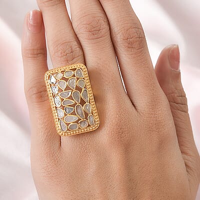 Polki Diamond Cushion Shape Ring in Vermeil Yellow Gold Over Sterling Silver (Size 6.0) 2.00 ctw