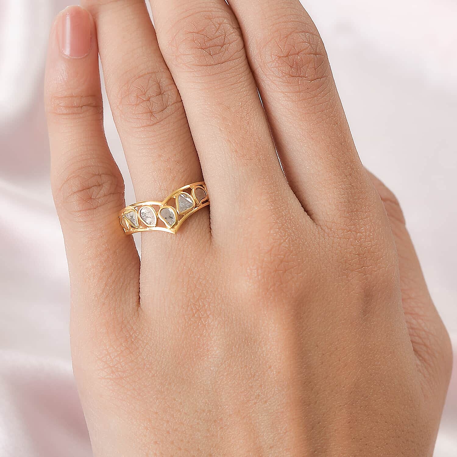 Polki Diamond Wishbone Ring in 14K Yellow Gold Over Sterling Silver (Size 10.0) 0.50 ctw