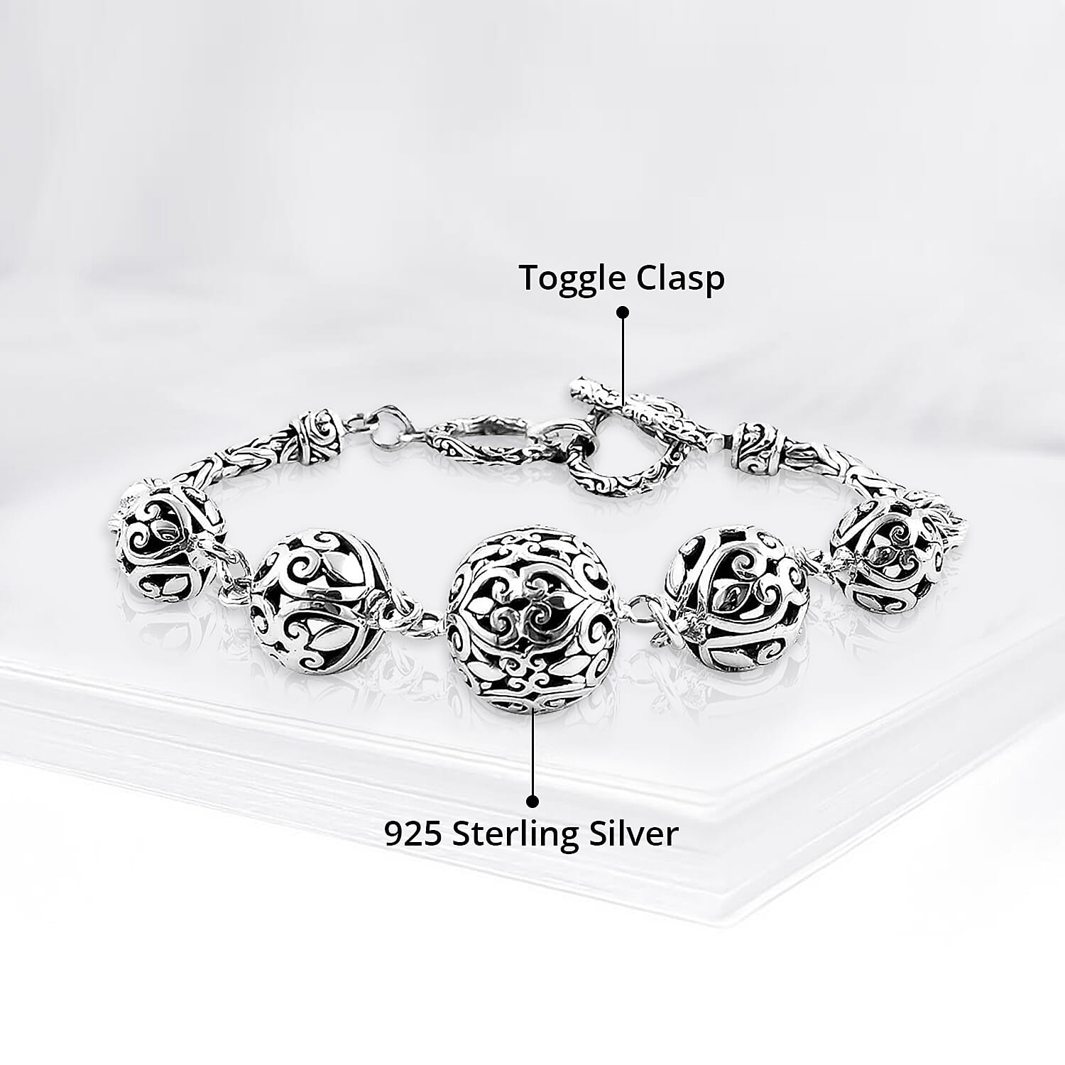 Bali Legacy Sterling Silver Filigree Ball Toggle Clasp Bracelet (7.25-8.0In) 17.50 Grams