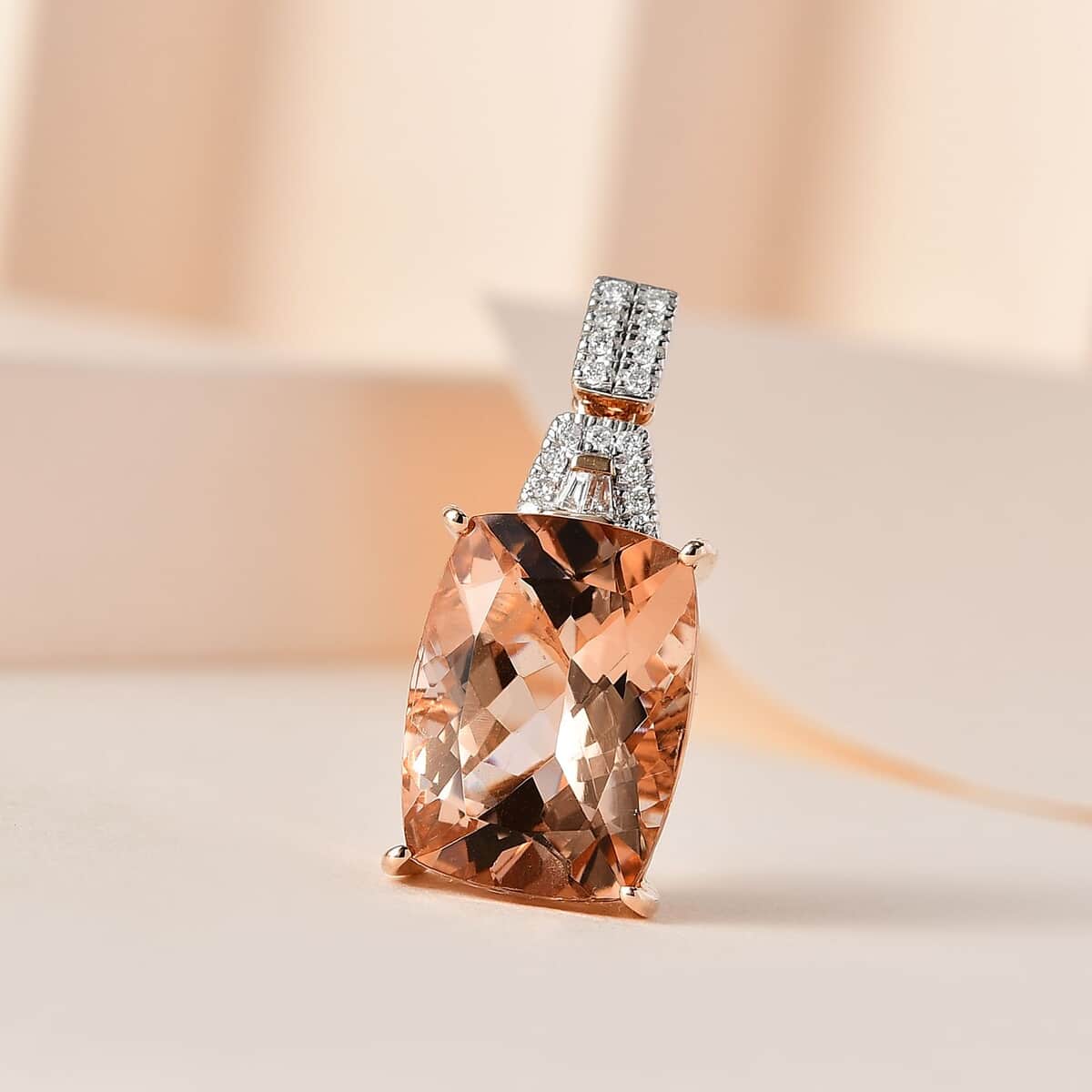 Luxoro 14K Rose Gold AAA Marropino Morganite and G-H I2 Diamond Pendant 9.85 ctw image number 1